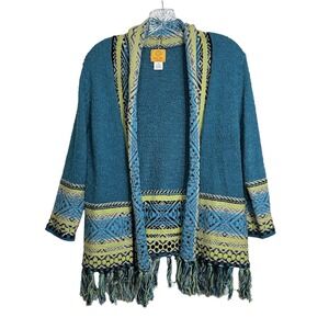 Ruby Rd. Petite‎ Size PM Blue Green Fringe Border Cardigan Aztec Southwestern